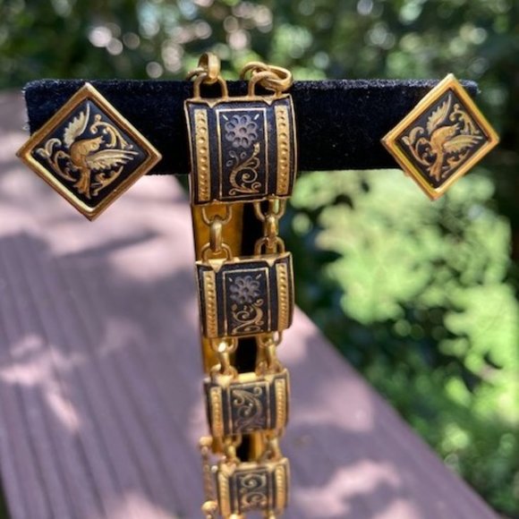 VTG Spanish Damascene Square Gold Link Bracelet and Earrings SET - Picture 7 of 10